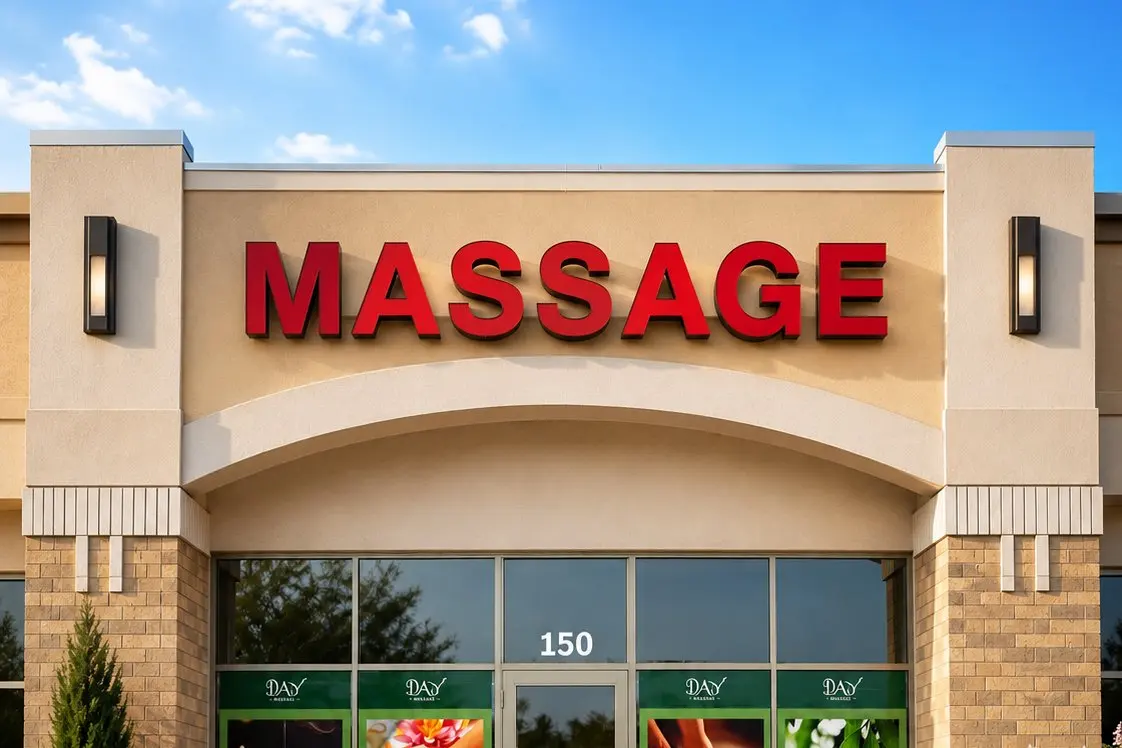 The red MASSAGE sign and arched entrance at Day Massage, 150 Pioneer Trail in Chaska Commons, Chaska, Minnesota