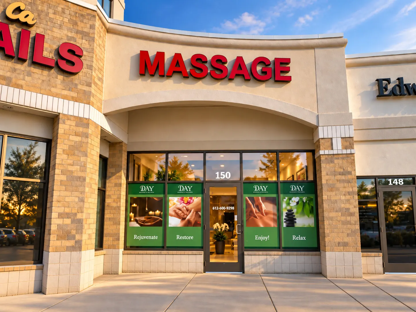 The Day Massage storefront on Pioneer Trail, red MASSAGE sign above the arched entrance