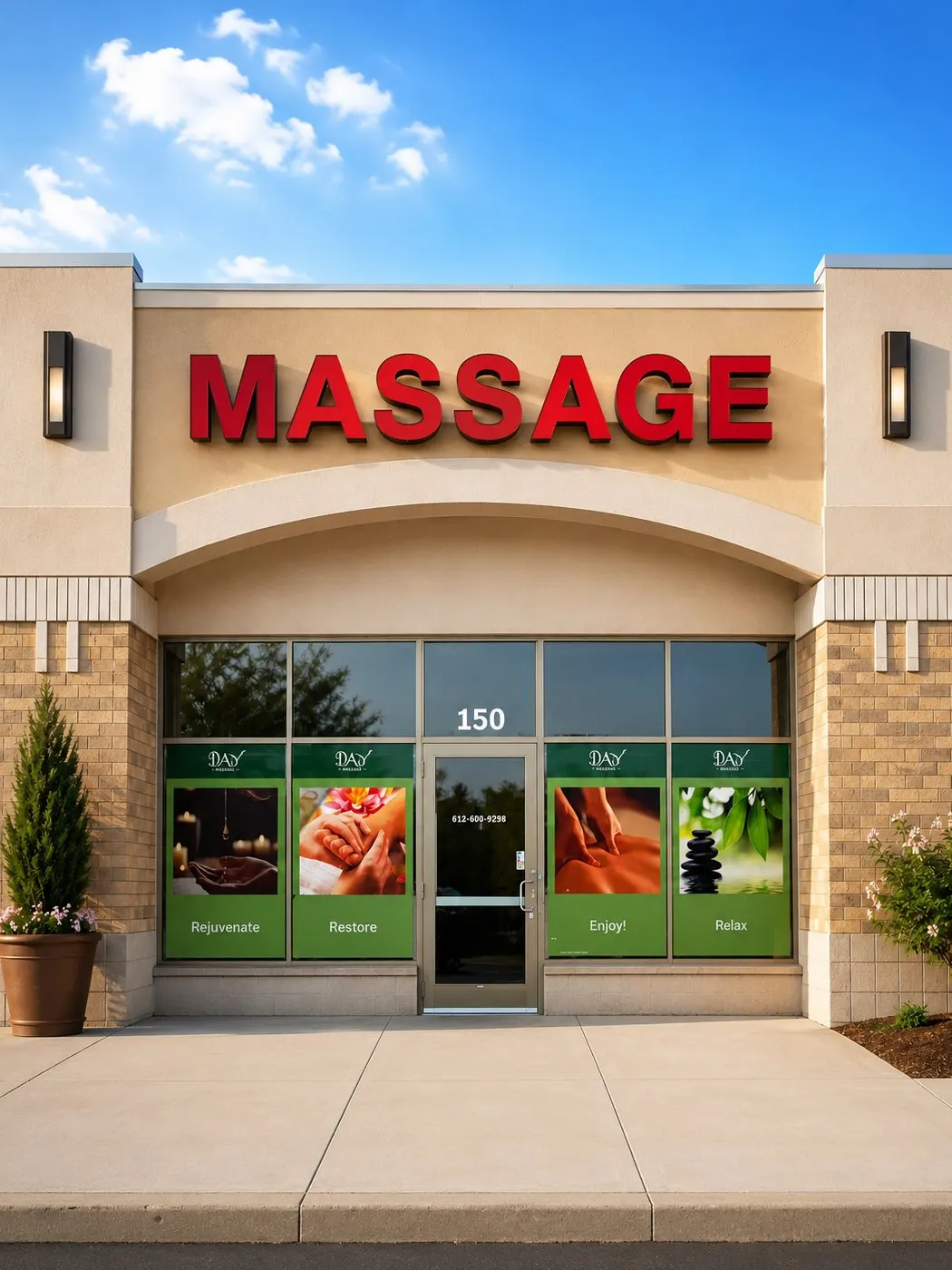 The Day Massage entrance at 150 Pioneer Trail, Chaska, with the red MASSAGE sign above the door