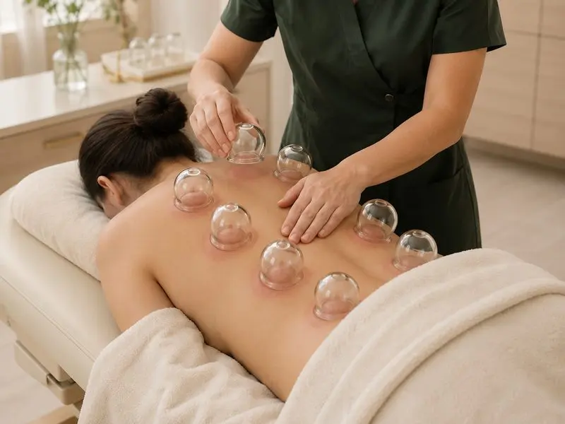 Cupping — glass cups placed across the back, another being set by hand, round marks visible